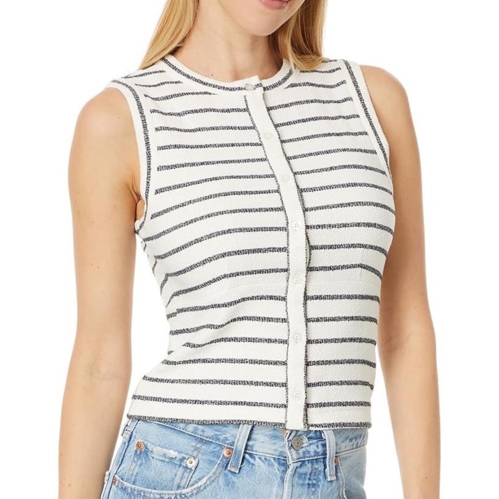 Madewell Split Cardigan Sweater Tank Top Striped Ivory Black SM NWT Nautical